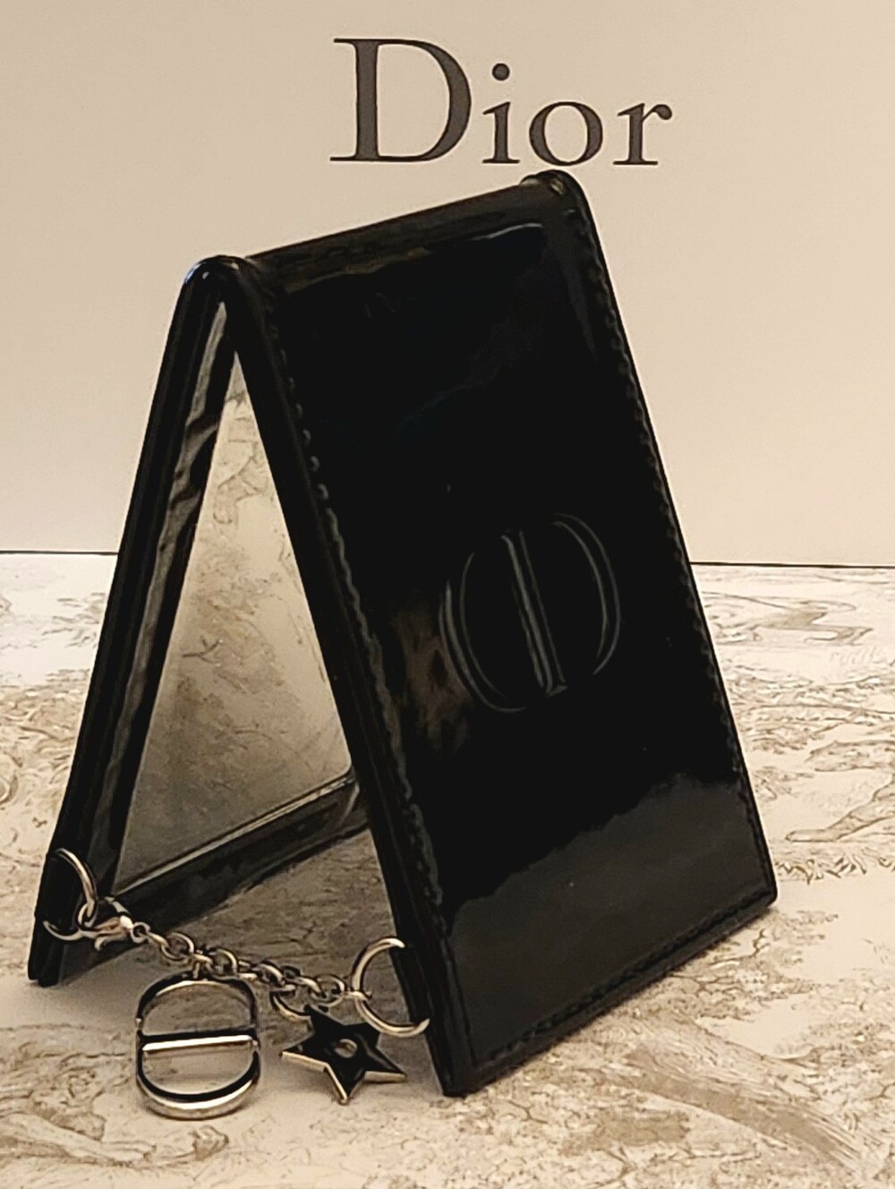 NEW Dior GWP Black Patent Foldout Mirror |Silver CD & Star Charm | Dior Gift Bag